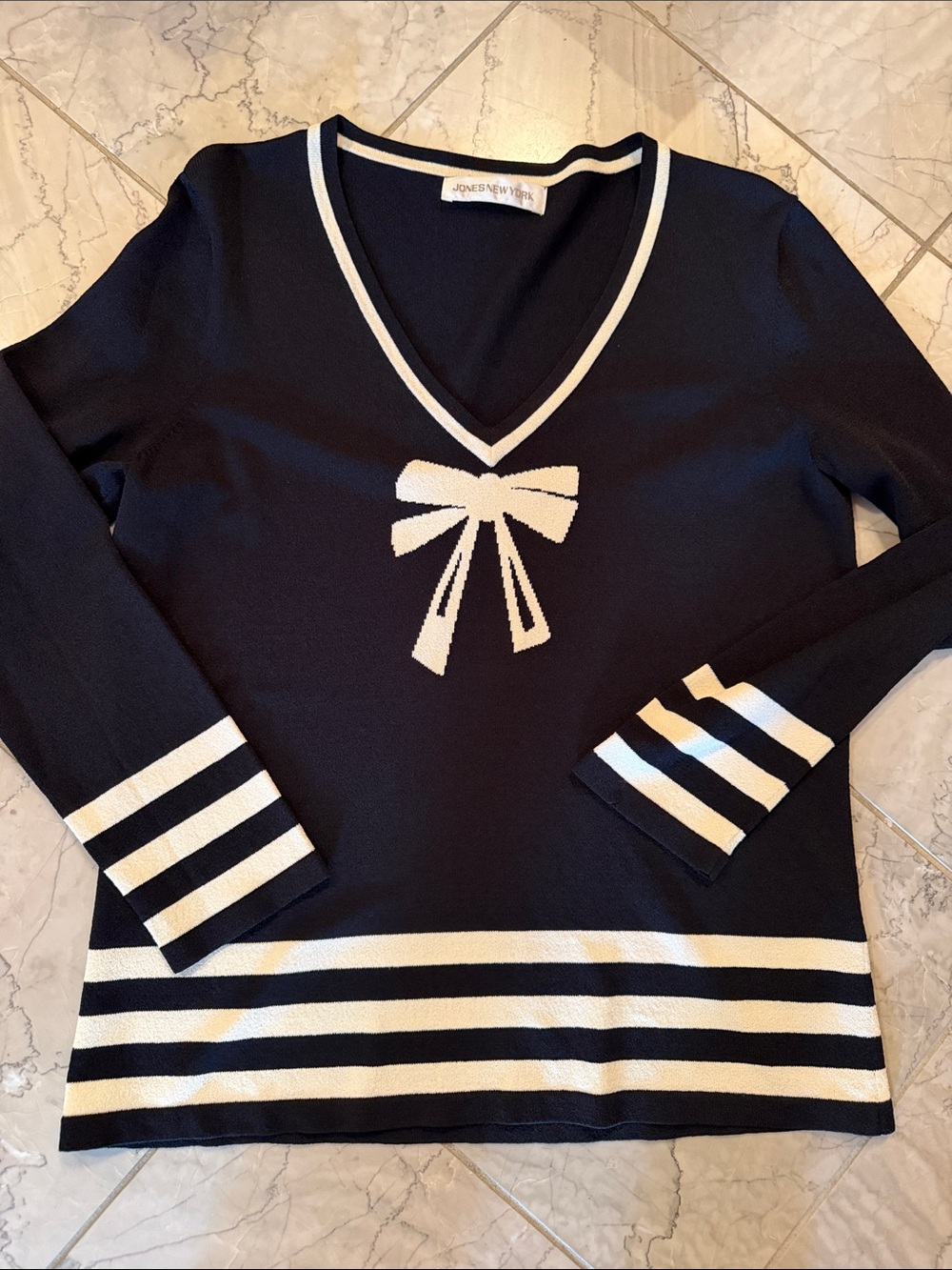 Jones New York Navy Sweater with Ivory Bow and Striped Hem